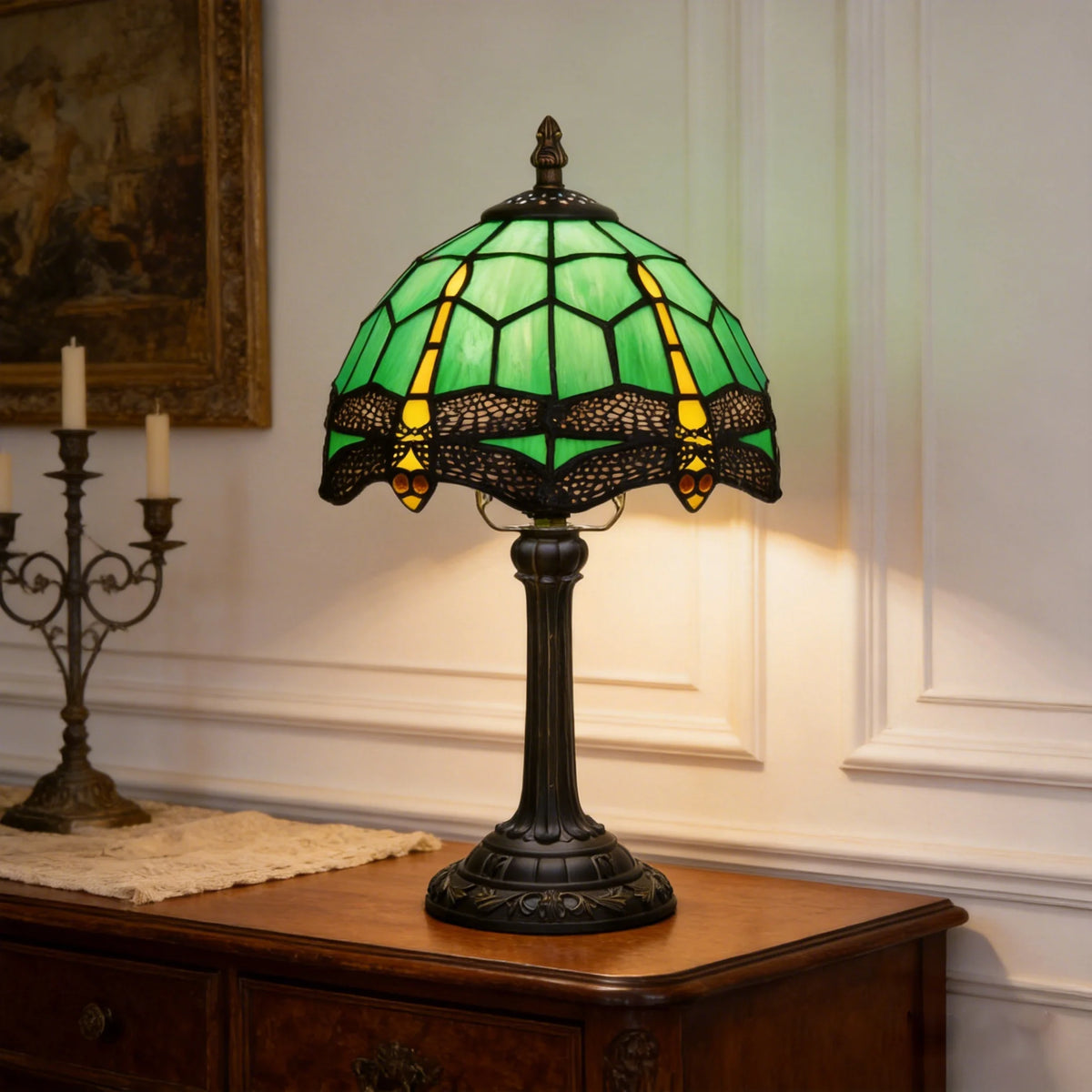 lampe table tiffany vert jaune libellules résine opaquité interrupteur câble électrique 110 240v 249
