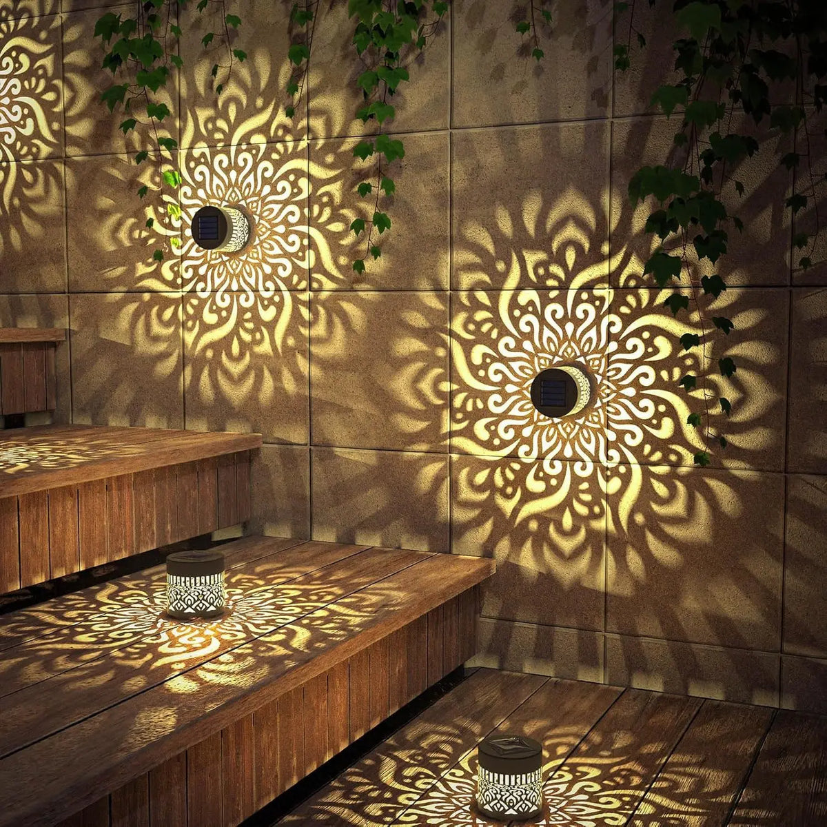lampe solaire extérieure ip65 moderne mandala noir doré décoration murale festive led