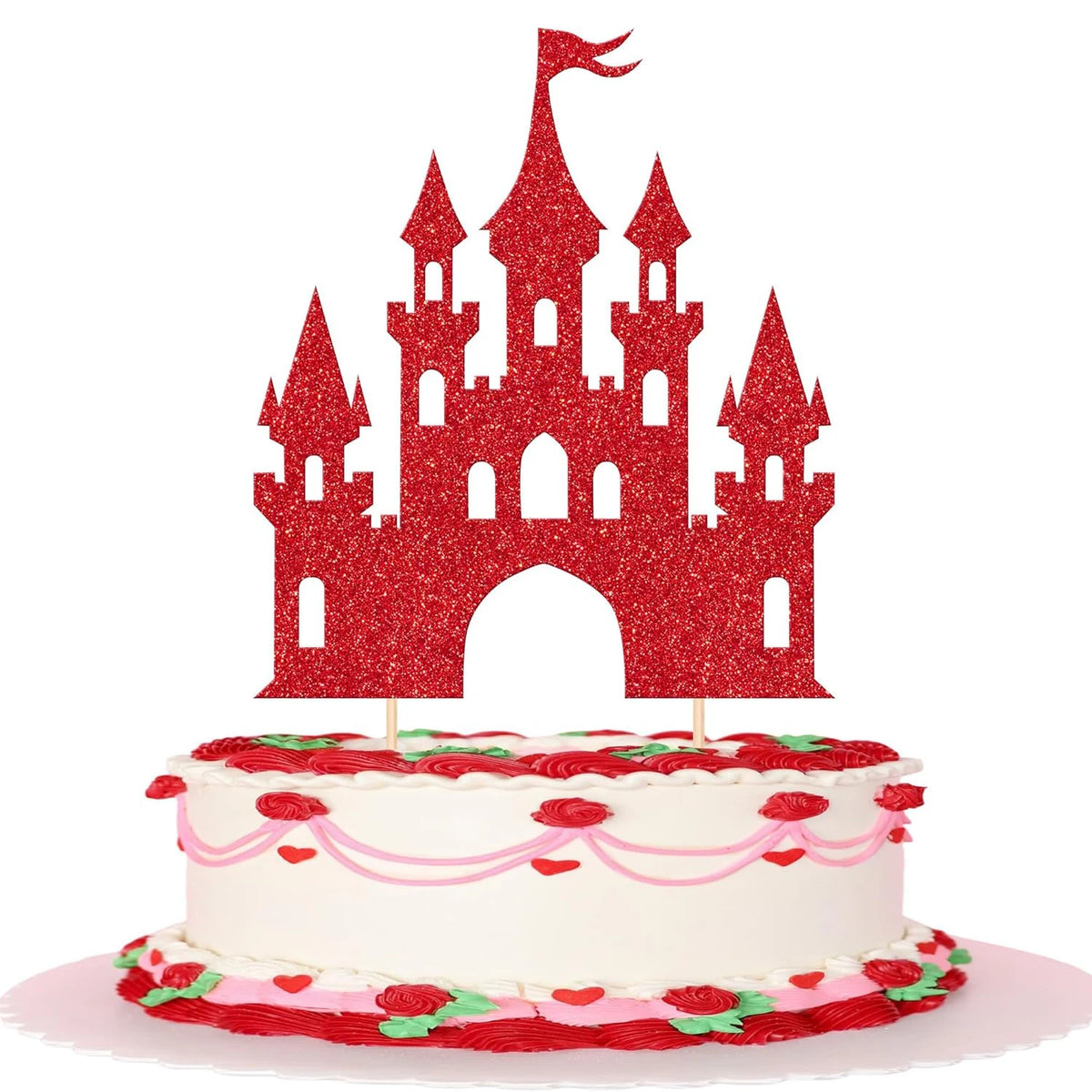 décoration gâteau château glitter princesse doré bleu rose anniversaire fête piquettes bambou