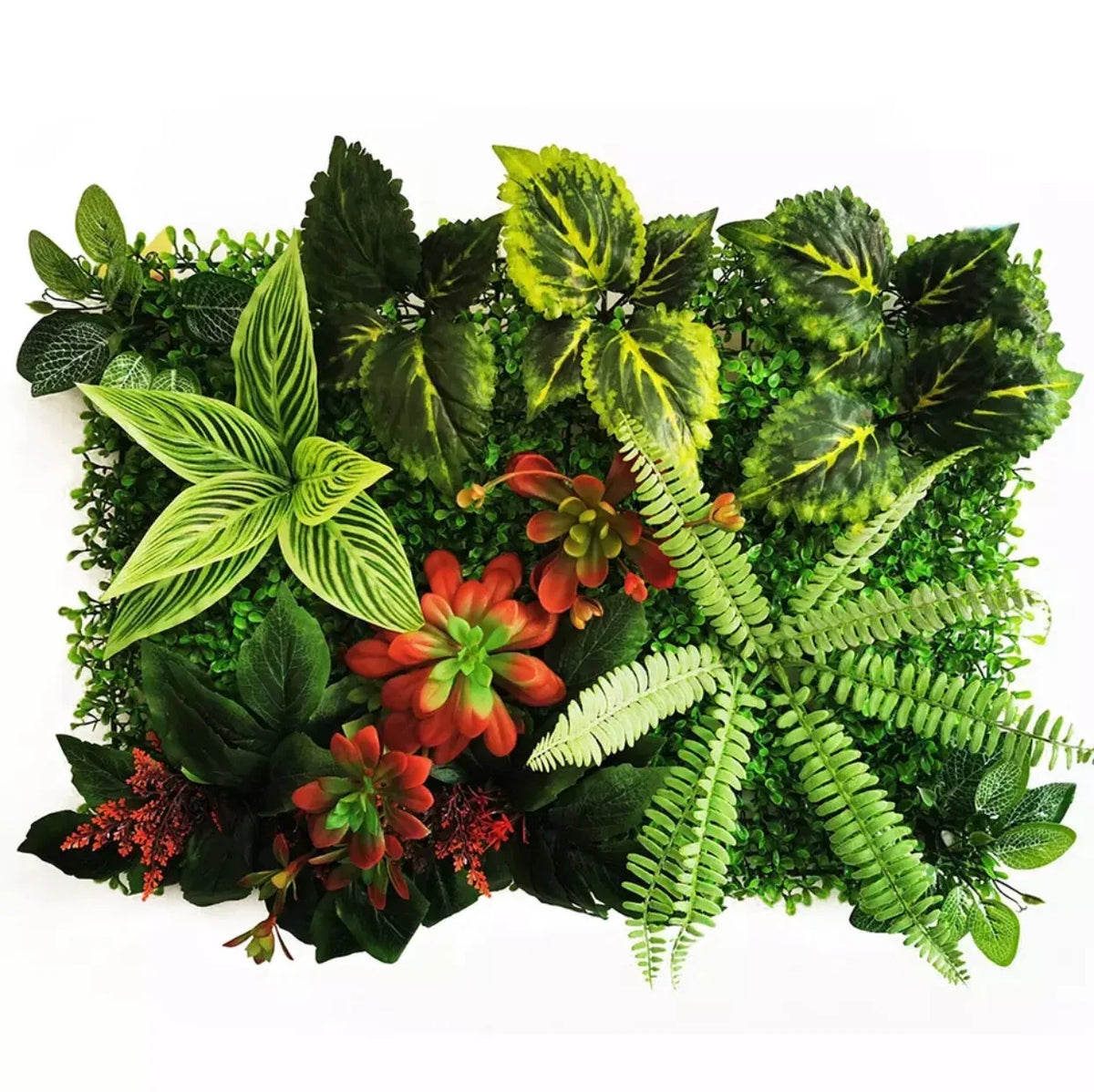 panneau mural plante artificielle herbe verte fleurs rouges blanches décoration jardin intérieur extérieur maison