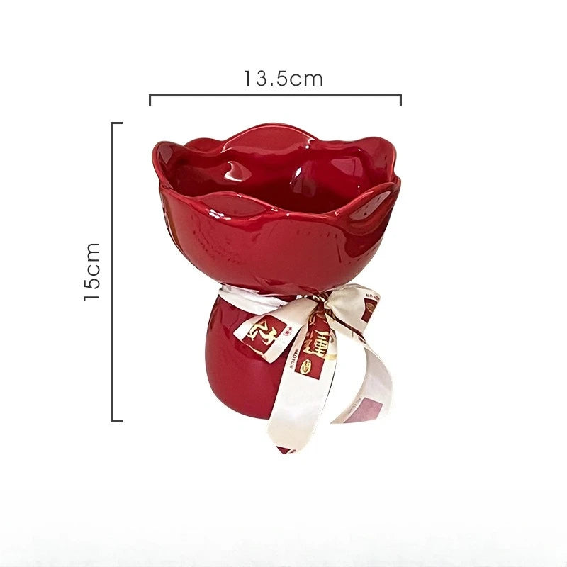 vase céramique moderne rouge vert rose décoratif ruban fleurs artificielles