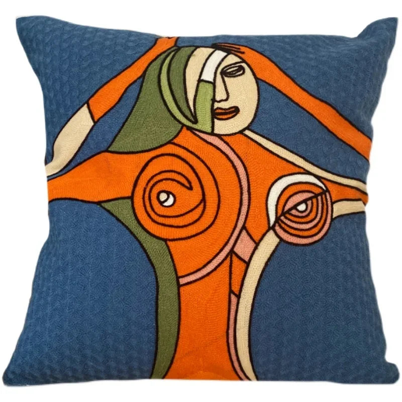 housse coussin coton brodé motifs abstraits visages stylisés moderne pop art bleu blanc orange