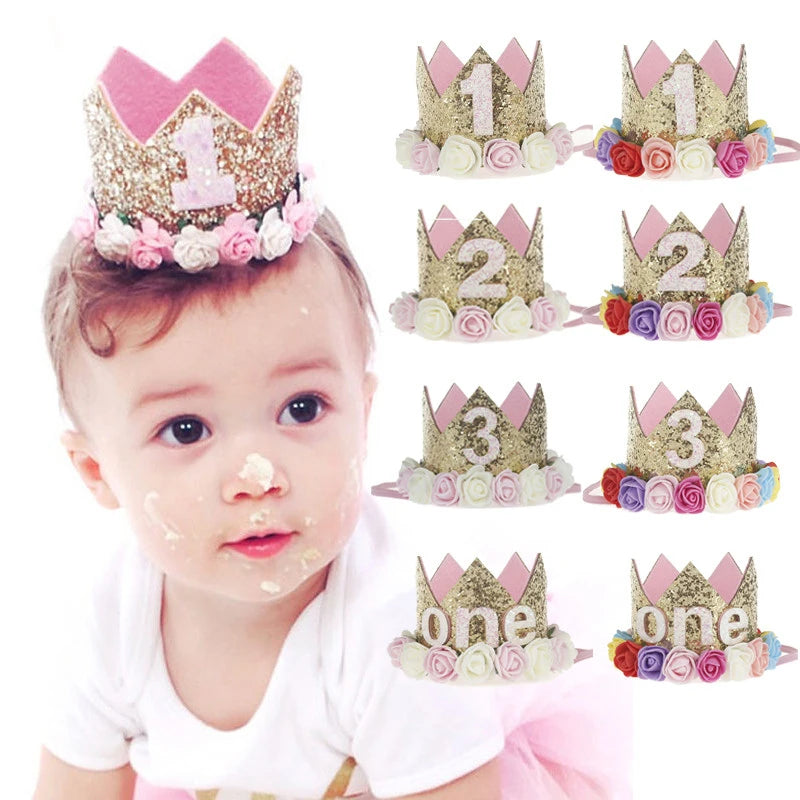 couronne anniversaire princesse or rose blanche paillettes roses artificielles bandeau festive joyeux événement