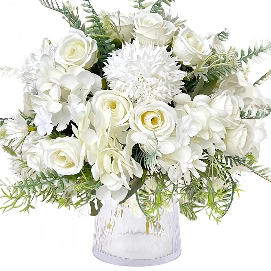 bouquets fleurs artificielles rose blanche bleue intérieur décoration maison panier tressé vases transparents