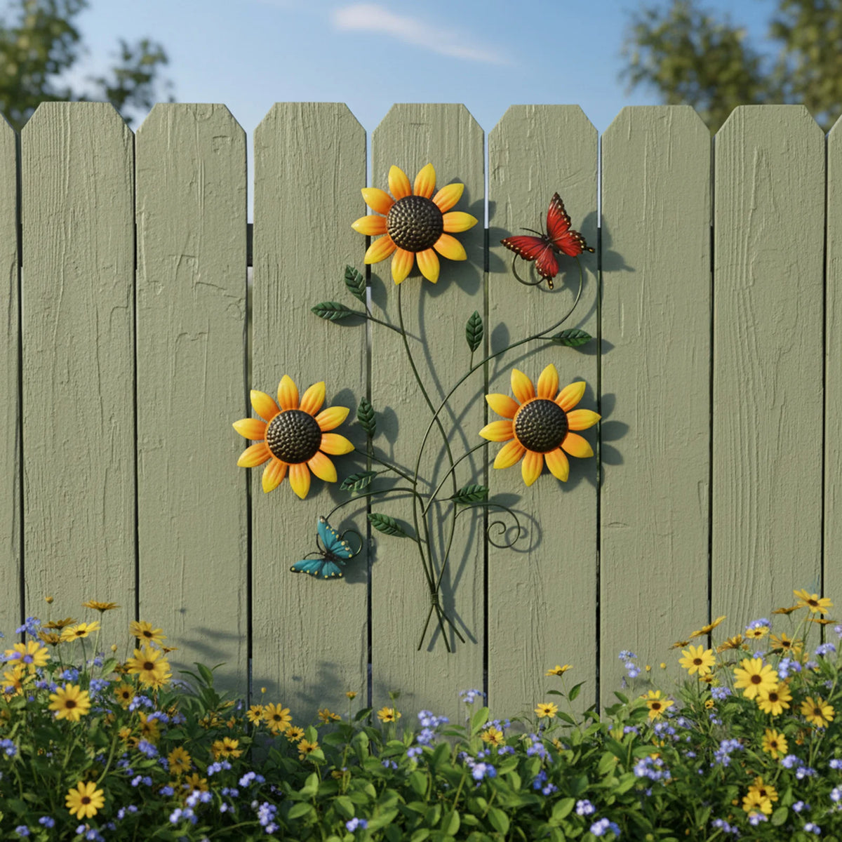 décoration murale tournesols coccinelles papillons jaune noir vert métal résistant naturel élégant intempéries fixations