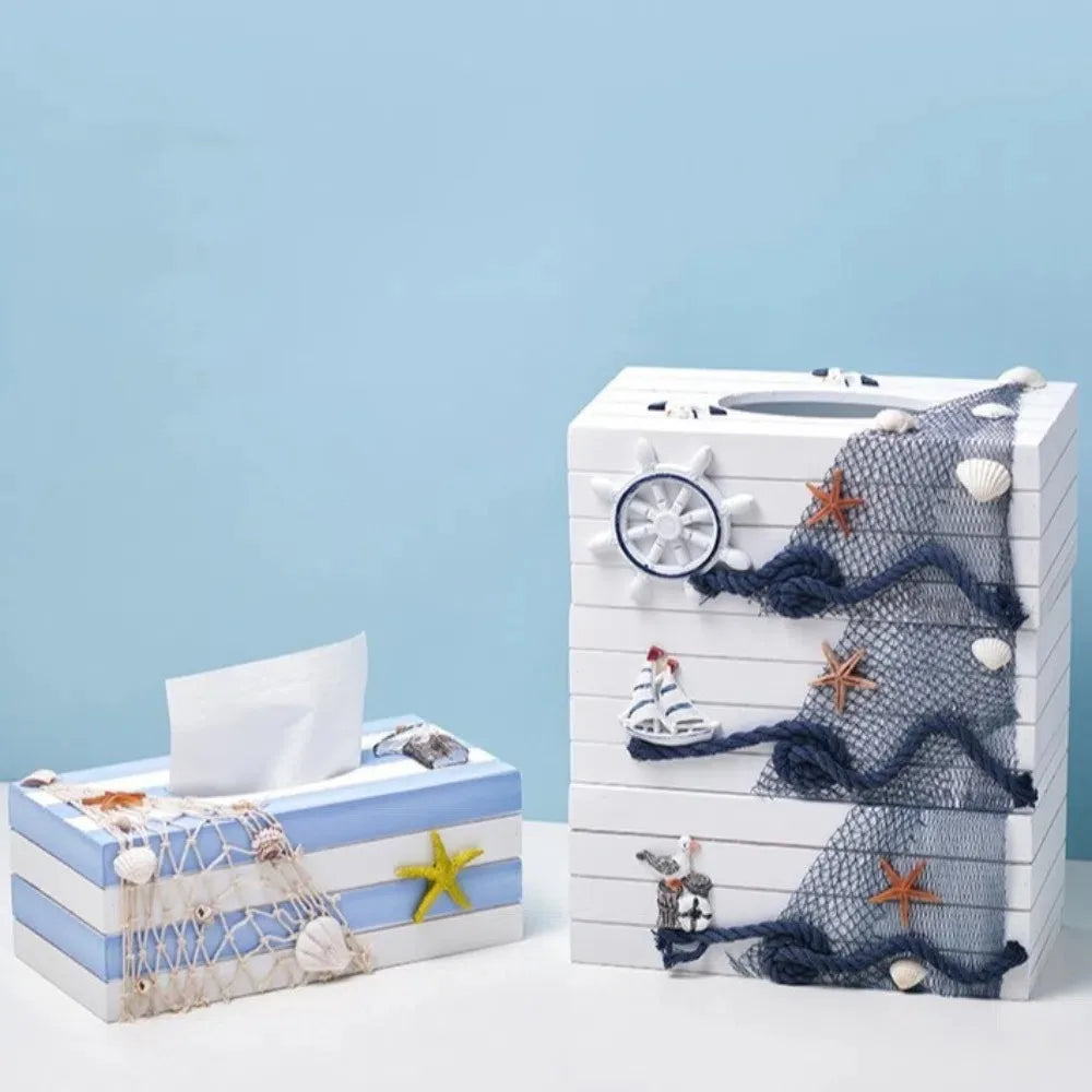 boîte mouchoirs marin rayures bleu clair coquillages étoiles mer bois décorative rangement papier hygiène