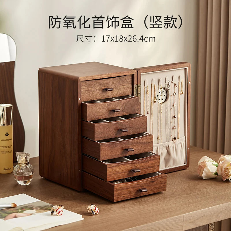 coffret bijoux bois marron tiroirs poignées dorées rangement moderne minimaliste
