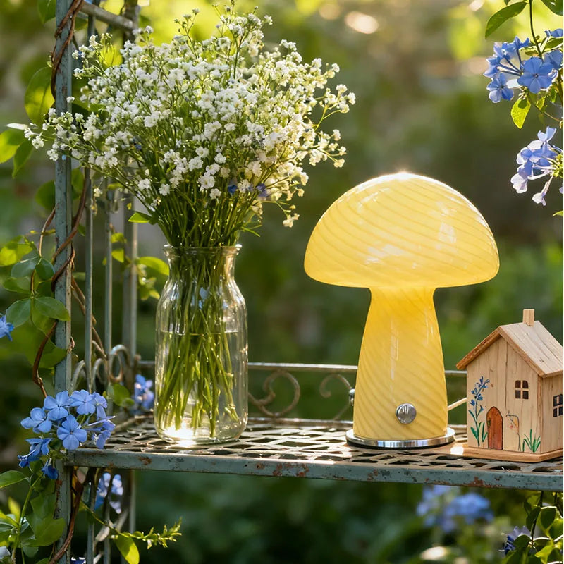 lampe led forme champignon rayées moderne rose jaune base plate interrupteur câble alimentation