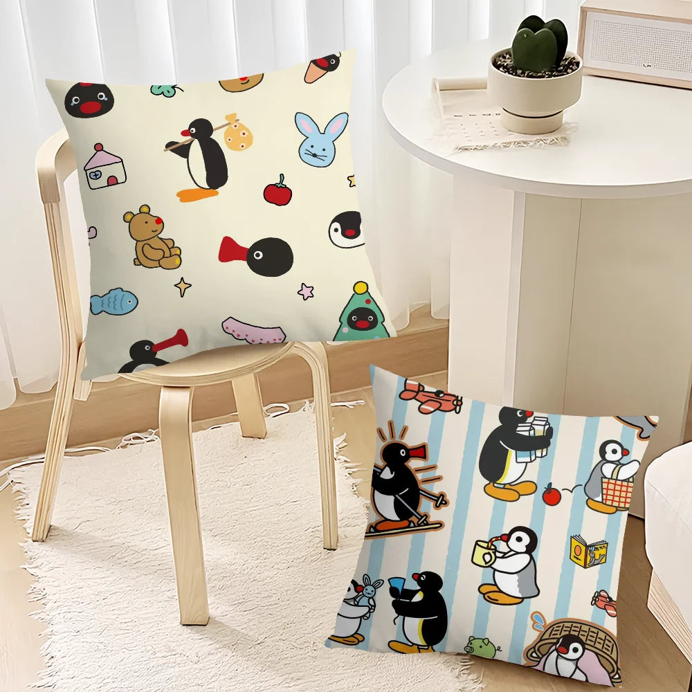 housse coussin carré beige motif pingouin cartoon décoratif salon chambre enfant tissu coton