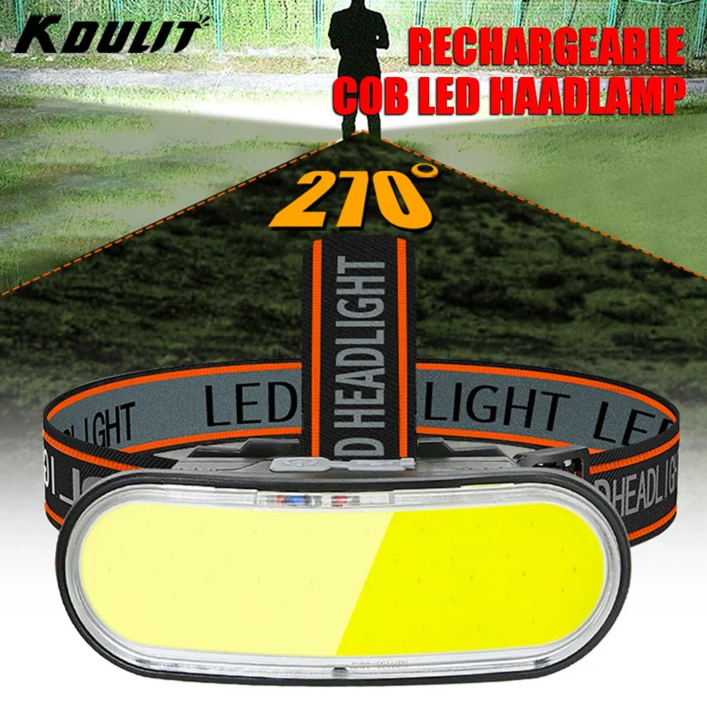 lampe frontale rechargeable led cob noir orange rayures clip poche éclairage camping pêche extérieur