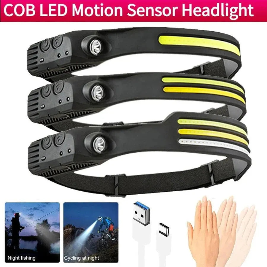 lampe frontale sportive rechargeable led noir jaune rayures capteur mouvement mode lumineux camping pêche