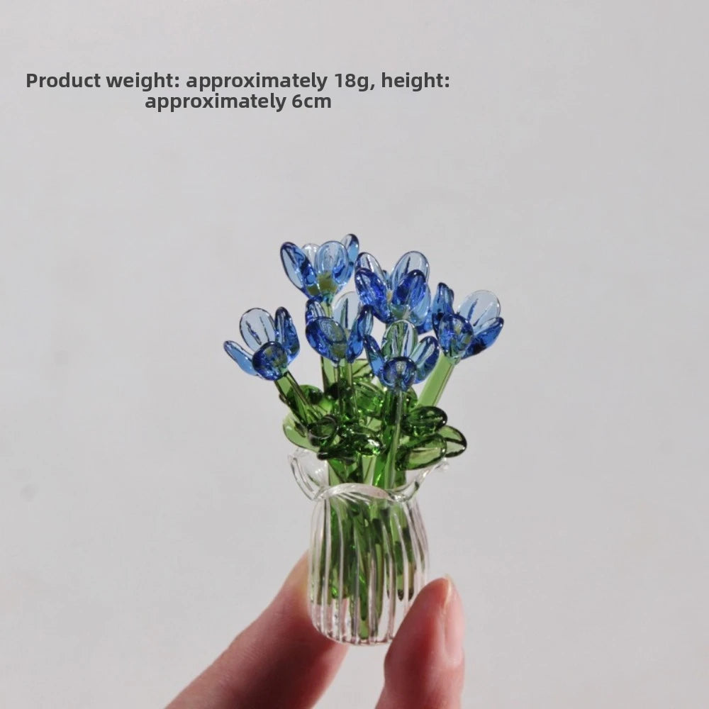 bouquet artificiel violet jaune vert blanc bleu orange feuilles vertes miniature vase transparent six