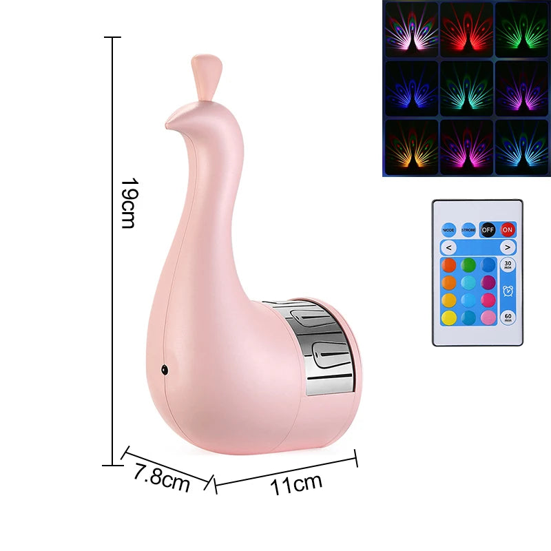 projecteur led forme paon blanc plumes colorées moderne adhésif rechargeable usb télécommande couleur changeante
