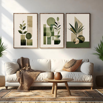 affiches géométriques abstraites vert olive moderne minimaliste bohème encadrées bois