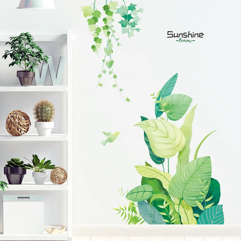 sticker mural botanique moderne feuilles vigne plantes tropicales oiseaux stylisés aquarelle pièces