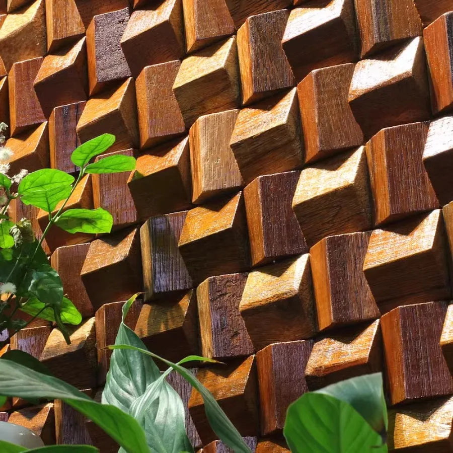 panneau décoratif bois cubes géométriques moderne marron clair foncé autocolant 3d