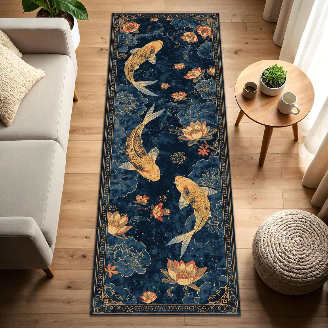 tapis sol antidérapant polyester fleurs lotus carpes koï bleu foncé doré oriental moderne
