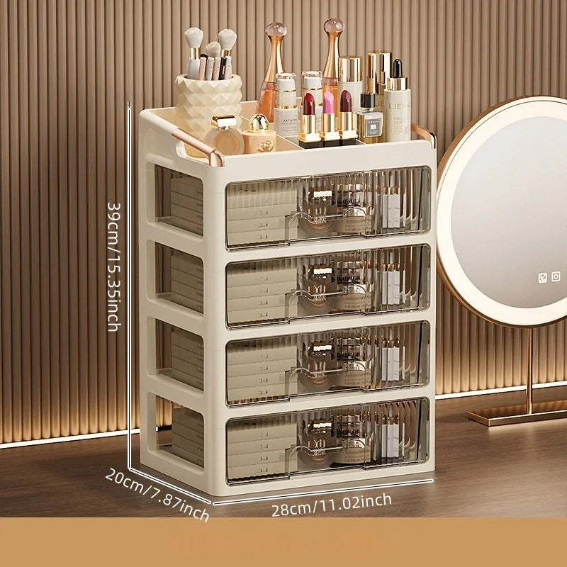 boîtes rangement cosmétiques moderne pliables beige clair poignées dorées étiquettes produits