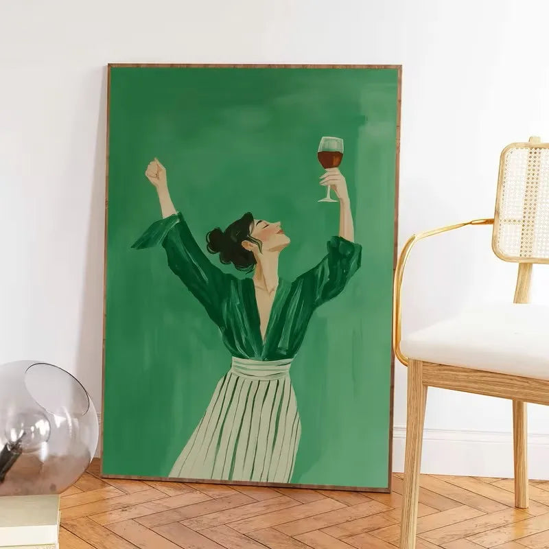 tableau moderne illustration femme verre vin rouge fond vert minimaliste chambre salon toile sans
