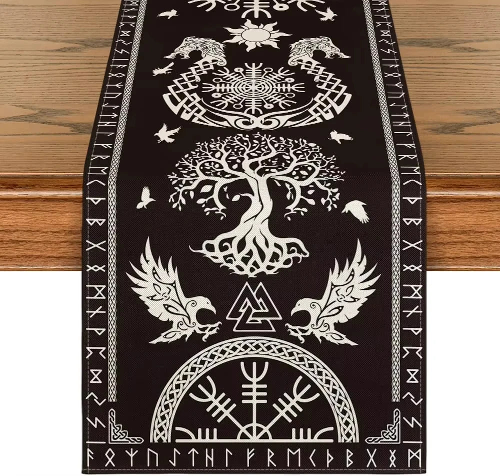 drapeau table artisanal nordique motifs corbeaux arbre vie brunclair festive halloween noël mariage coachella