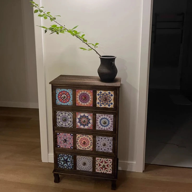 commode vintage rustique tiroirs floraux bois foncé organisateur chambre coucher bois massif
