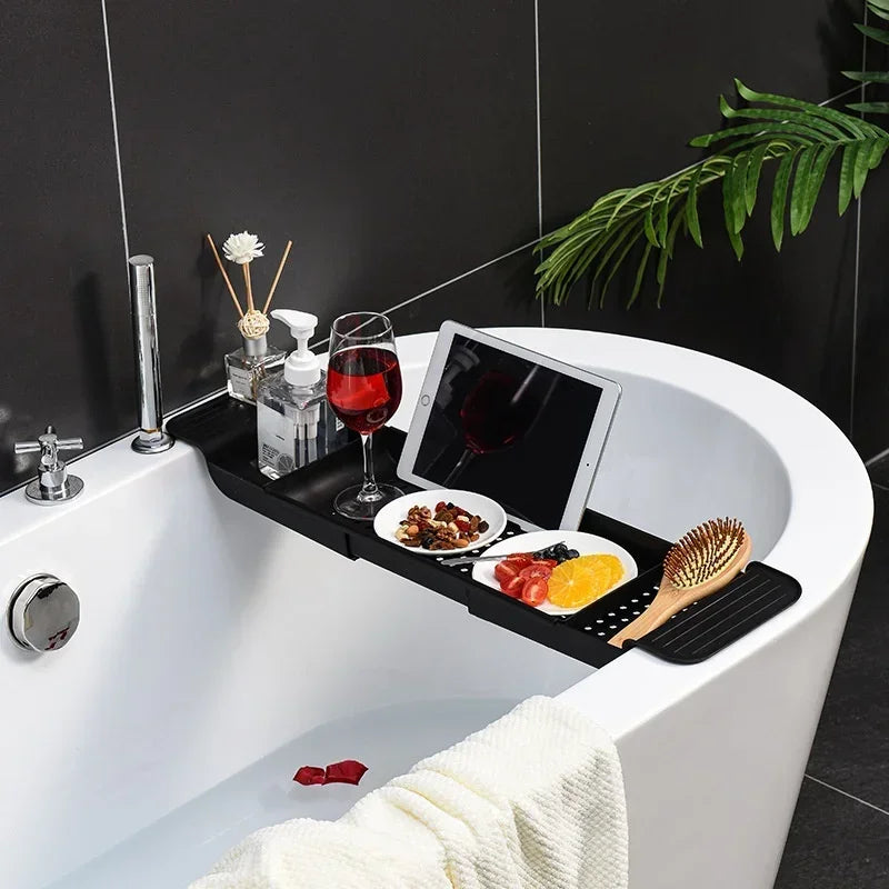 plateau bain extensible moderne blanc noir serviette rangement fruits bouteilles loofah écran tactile minimaliste