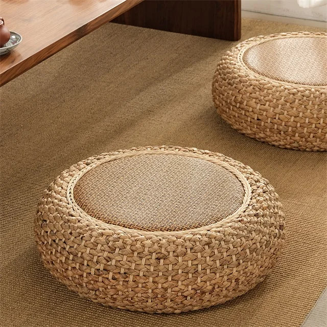 coussin sol rond tissé main paille mousse pu anti décubitus opaque rustique beige brunclair