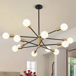 lustre moderne 10 ampoules doré noir chrome sphères blanches structure métallique scandinave