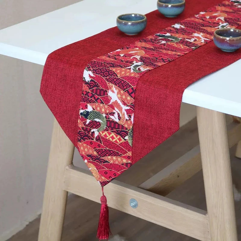 table table rouge motif double bonheur mariage chinois décoration festive franges textiles traditionnels asiatiques