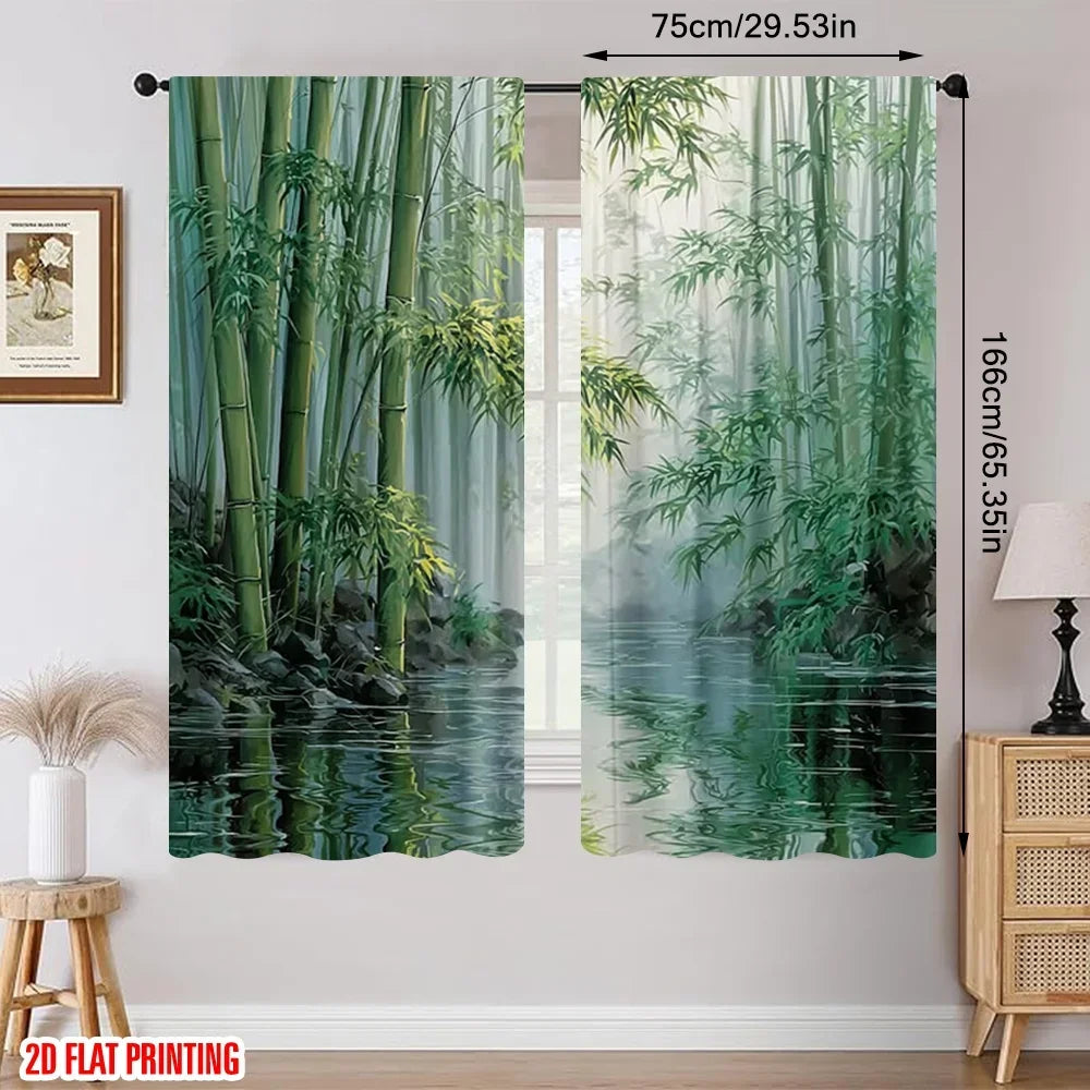 rideau imprimé forêt bambou moderne vert blanc noir translucide 75x166cm