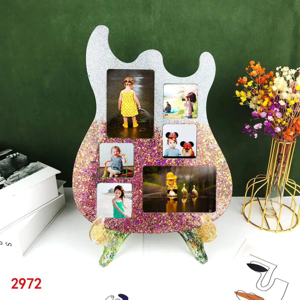 Cadre photo mural moderne violet paillettes floraux décoration argenté doréversible adhésif