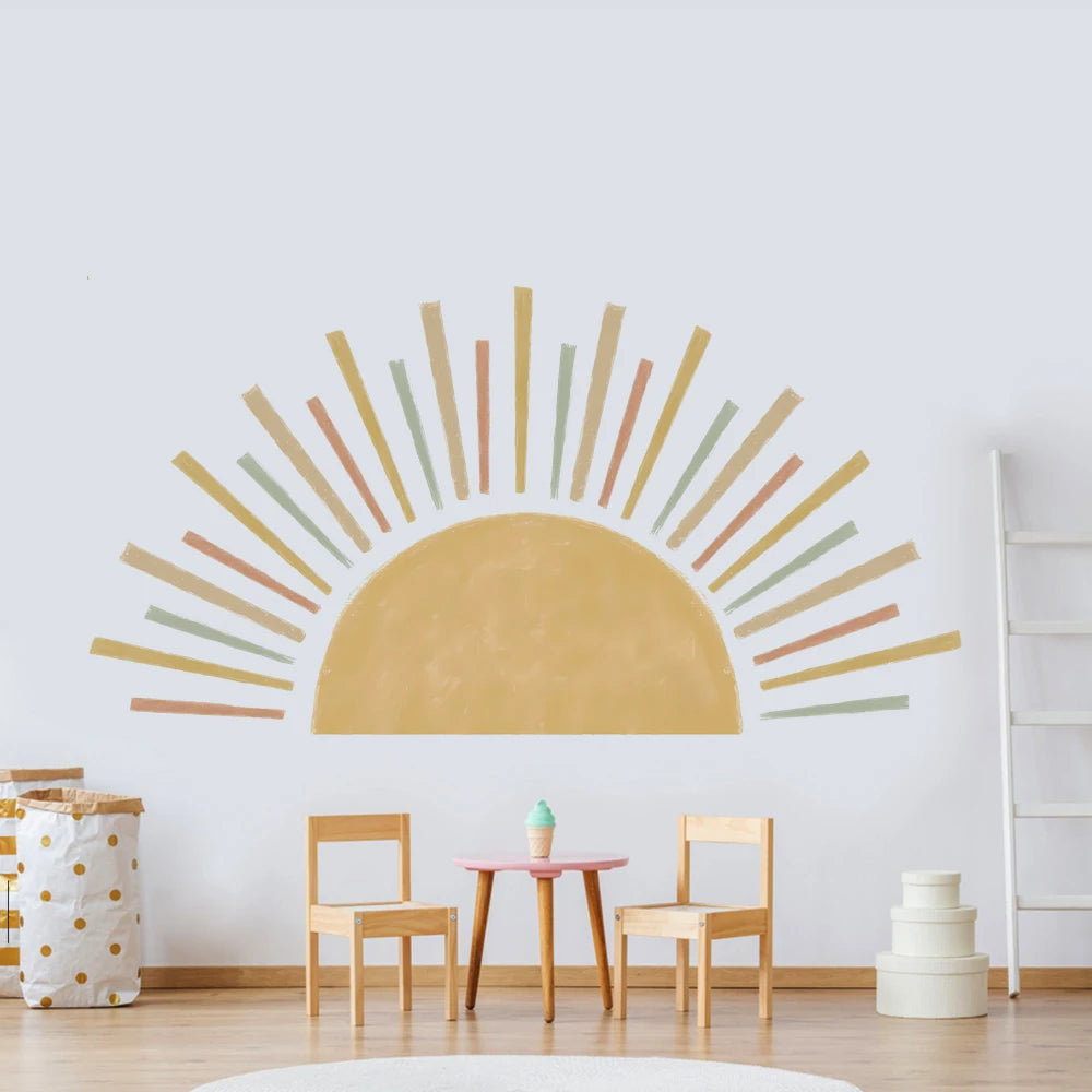 sticker mural décoration bohème soleil jaune orange vert minimaliste enfant chambre salon carrelage mur
