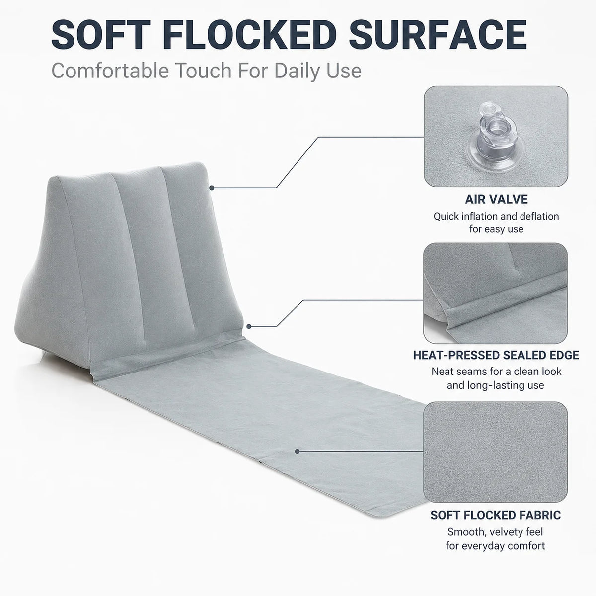 matelas gonflable dos gris velours doux portable pliable léger valve