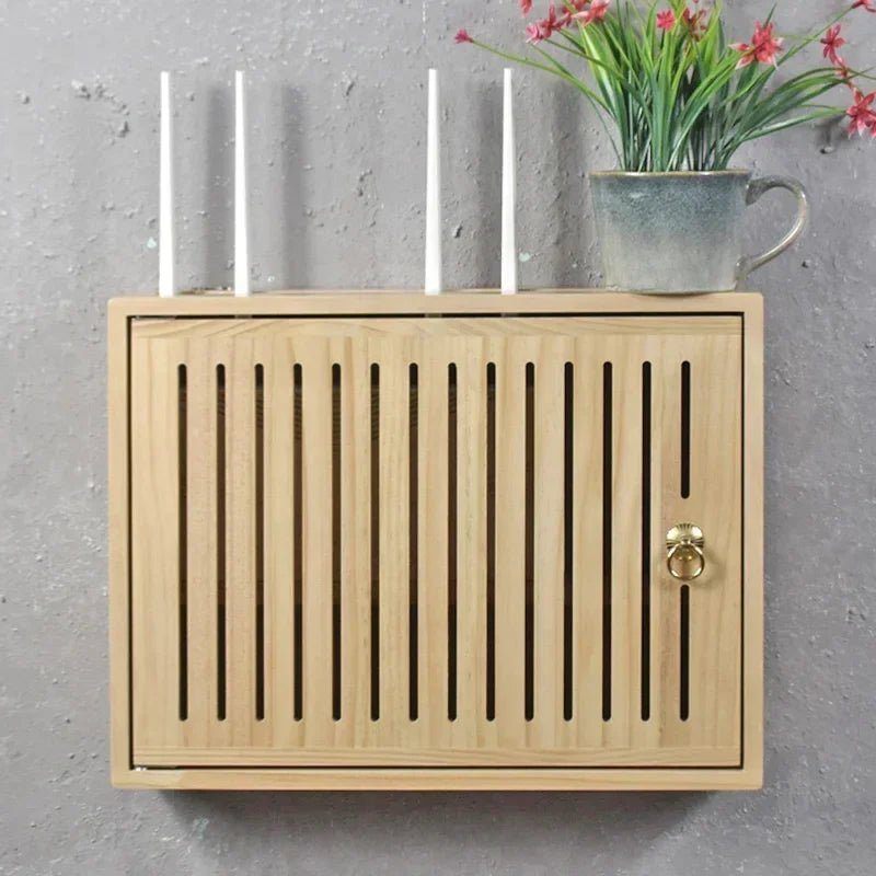 boite rangement murale routeur wifi bois poignée dorée grille