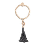 attaches rideau bois pompon bohème rustique naturel anneaux beige rose blanc
