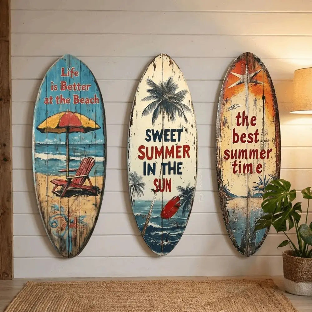 décoration murale planche surf couleur plage motif vieilli bois parasol chaise longue palmier sóng