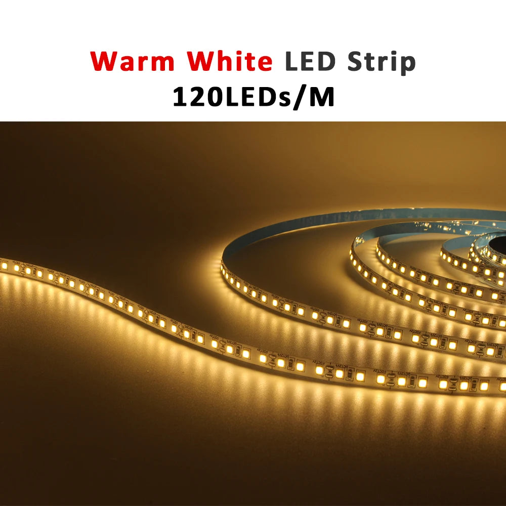 ruban led 12v 120leds/m blanc chaud adhésif moderne 50000h 3000k certification rohs ccc fcc