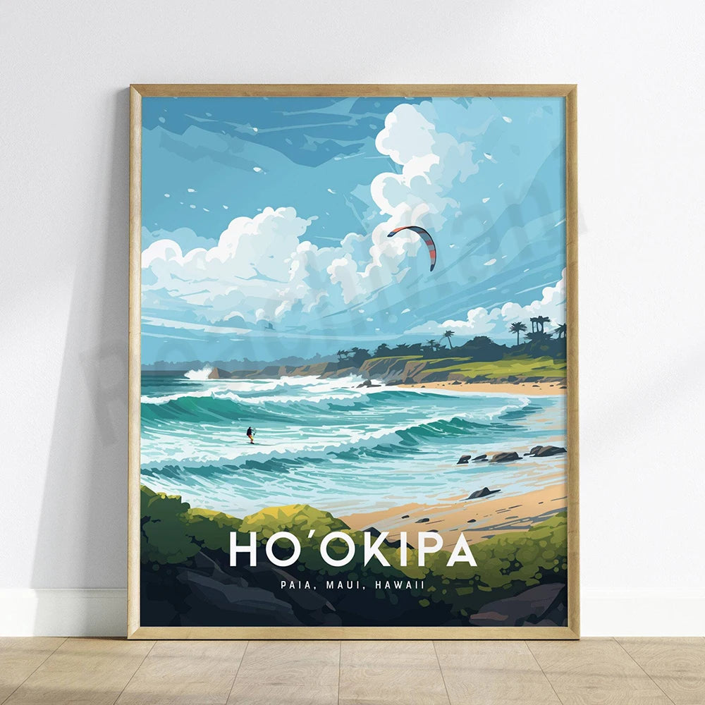 Sur cette image, on peut voir un magnifique paysage côtier de Paia à Maui, à Hawaï. Le ciel bleu est parsemé de nuages blancs, et la mer turquoise s'étale sur la plage de sable. Un kitesurf plane dans le ciel, animant la scène. Cette image capture la beauté naturelle et l'esprit aventureux de cette destination paradisiaque.