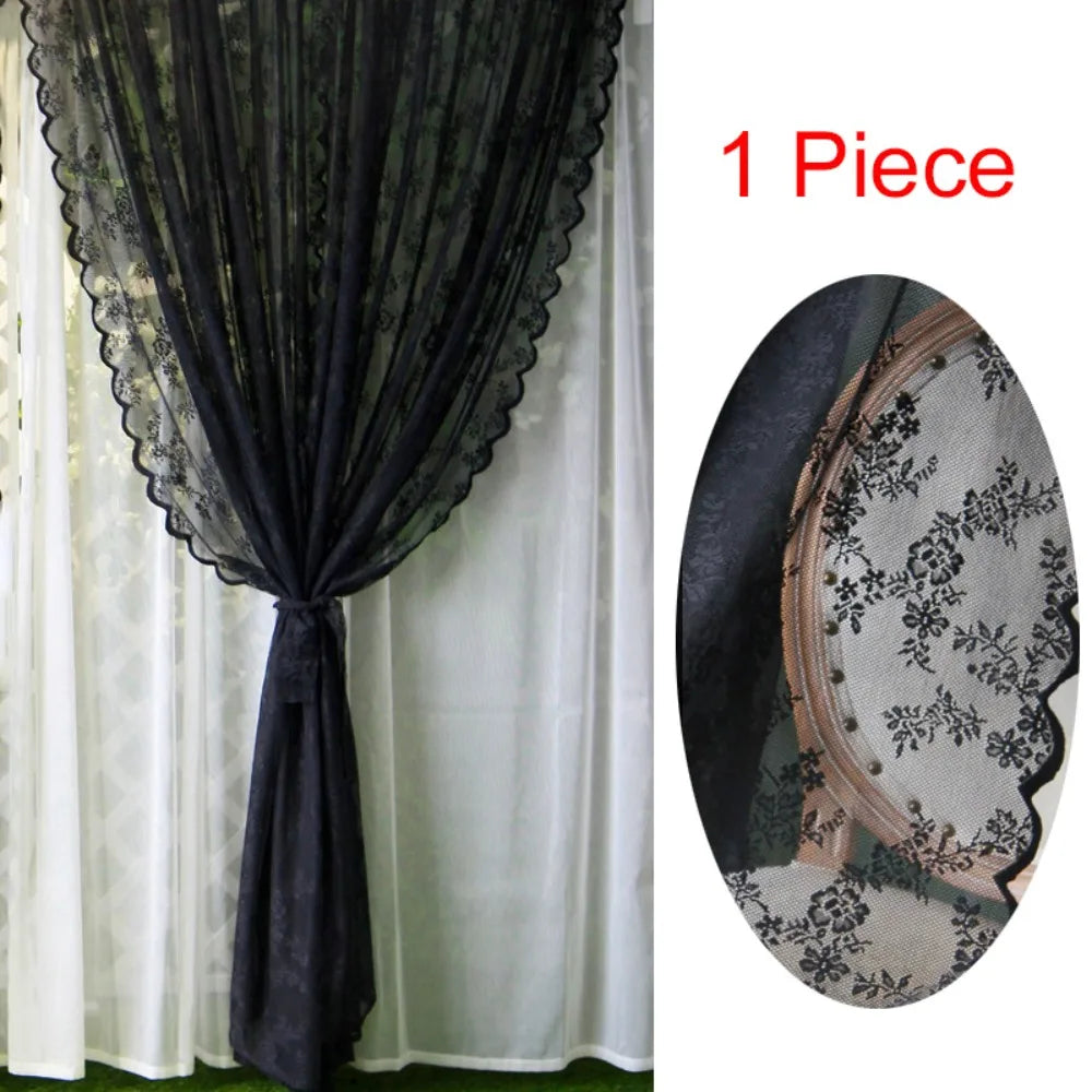 rideau floral transparent dentelle romantique noir blanc décoratif bohème ondulé semi transparent tringle