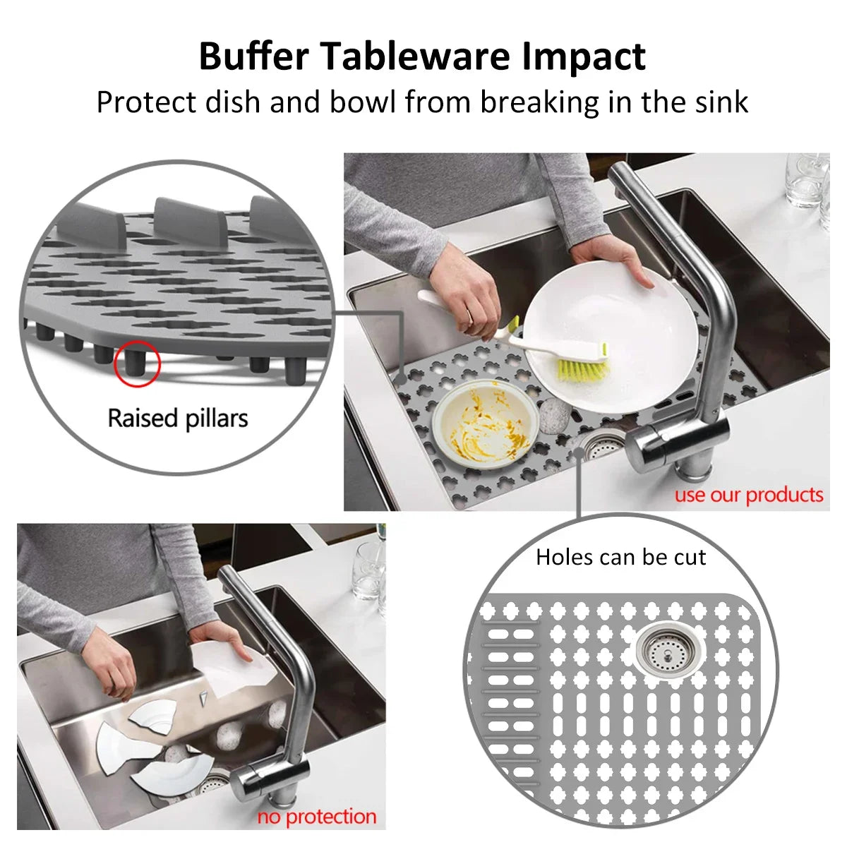 tapis silicone gris perforations hexagonales moderne utilitaire vaisselle drainante assainissement séchage fond évier