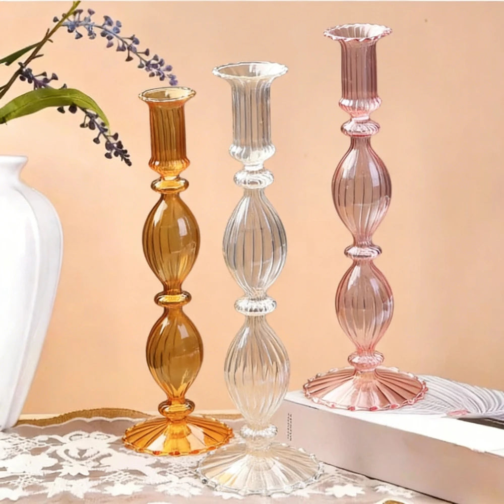 bougeoirs verre transparent rayures horizontales classiques or doré rose bleu vert noir