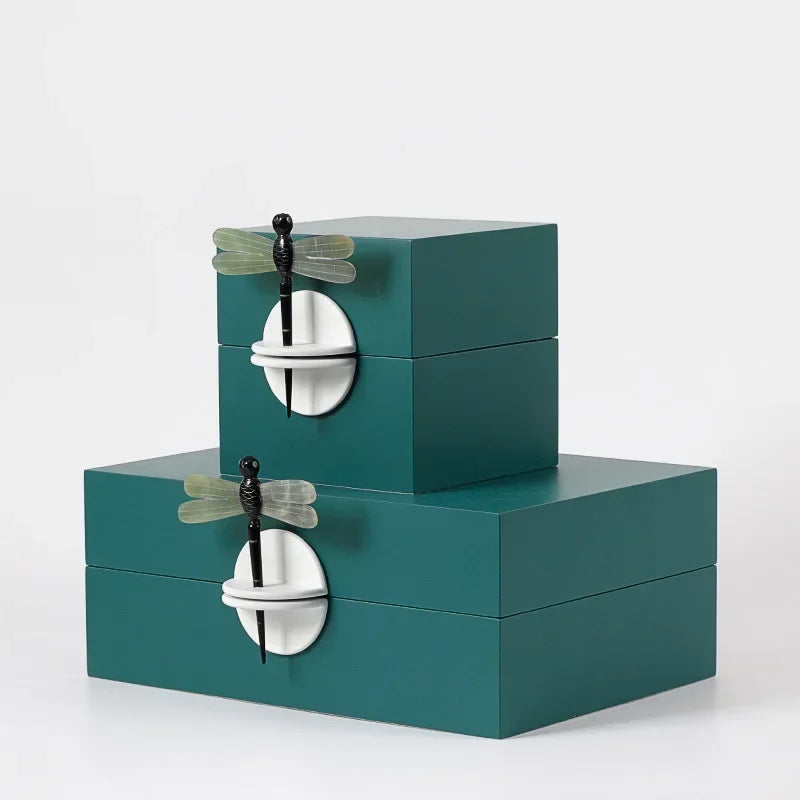 boîte bijoux bois vert foncé motifs blancs rangement moderne articles divers rectangle