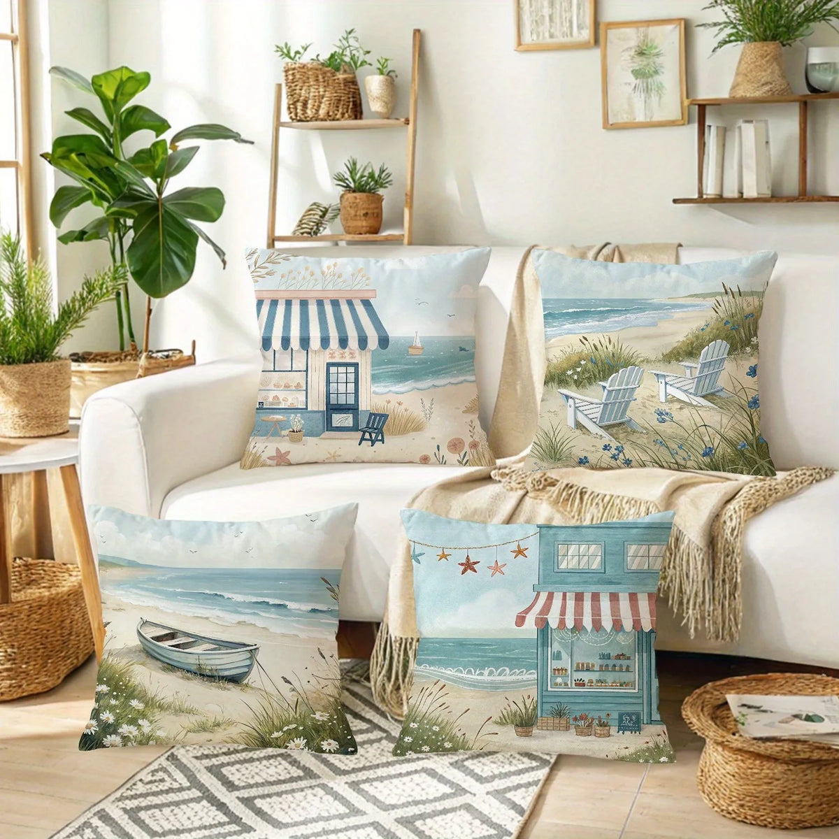 taies d'oreiller motif plage bleu blanc vert vintage adhésif decoration maison polyester peachskin 45x45cm