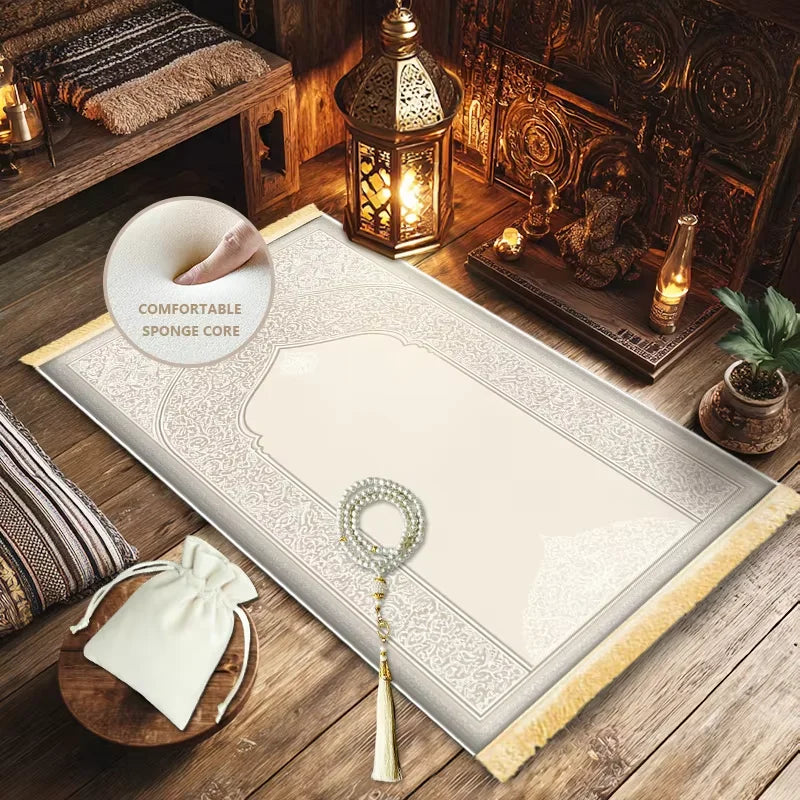 tapis prière polyester antidérapant ornements floraux beige doré classique traditionnel adultes