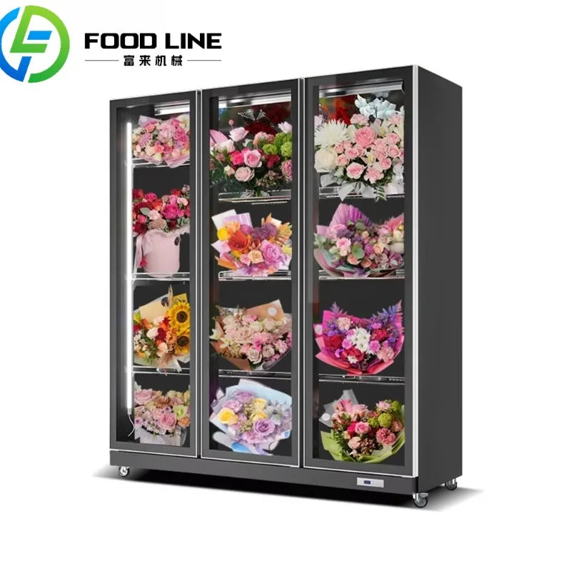 présentoir commercial triple porte vitre anti buée fleurs bouquets pots roulettes moderne