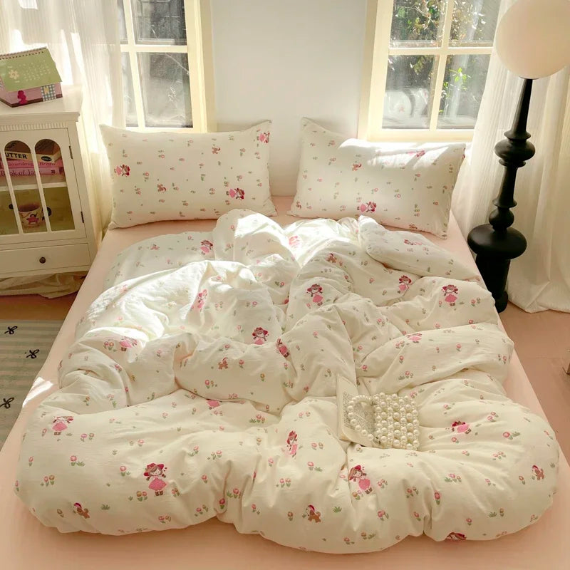 parure lit fille housse couette fleurs coeurs doux pastel coton polyester