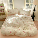 parure lit fille housse couette fleurs coeurs doux pastel coton polyester