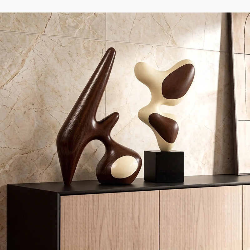 sculptures abstraites modernes bois céramique marron beige blanc noir decoration intérieur abstraite minimaliste