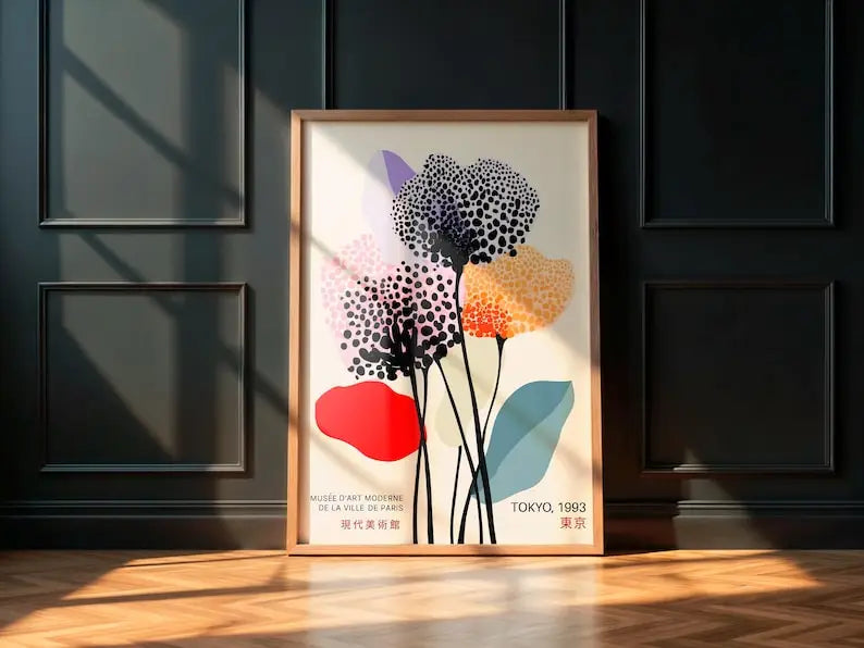 affiche moderne toile fleurs stylisées taches noires multicolore rouge noir blanc rose jaune bleu