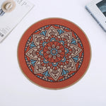 tapis table rond mandala boho chic bleu marine beige tissé imperméable résistant chaleur